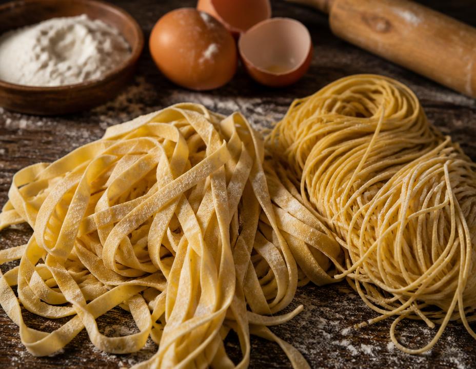 Massas caseiras artesanais: tagliatelle e spaghetti frescos sobre tábua de madeira enfarinhada
