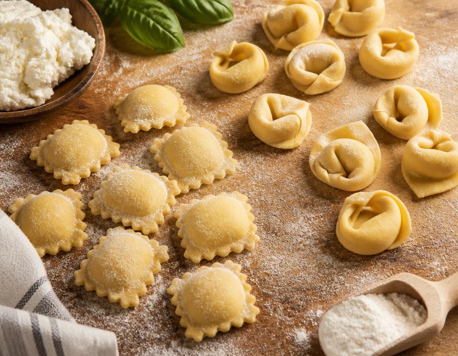 Massas recheadas artesanais: ravioli e tortellini frescos polvilhados com farinha