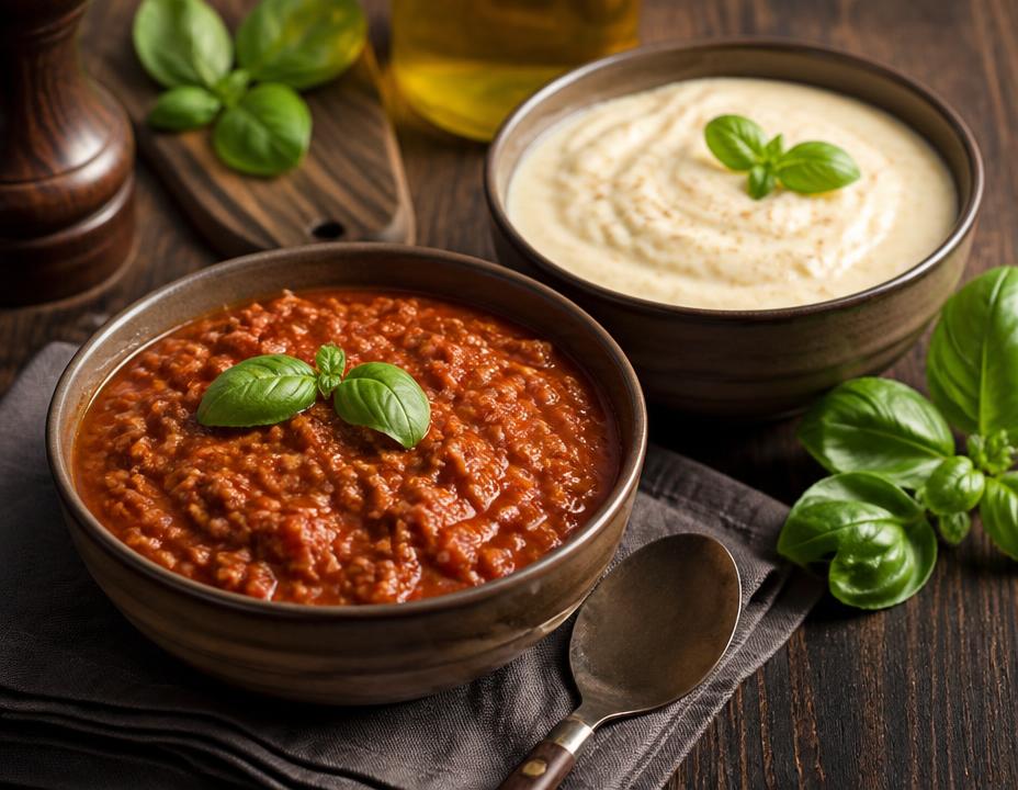 Molhos artesanais prontos: molho bolonhesa e molho cremoso de queijos em cumbucas rústicas